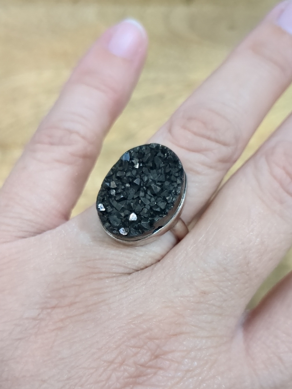 Black Druzy Oval Ring  Sterling Silver